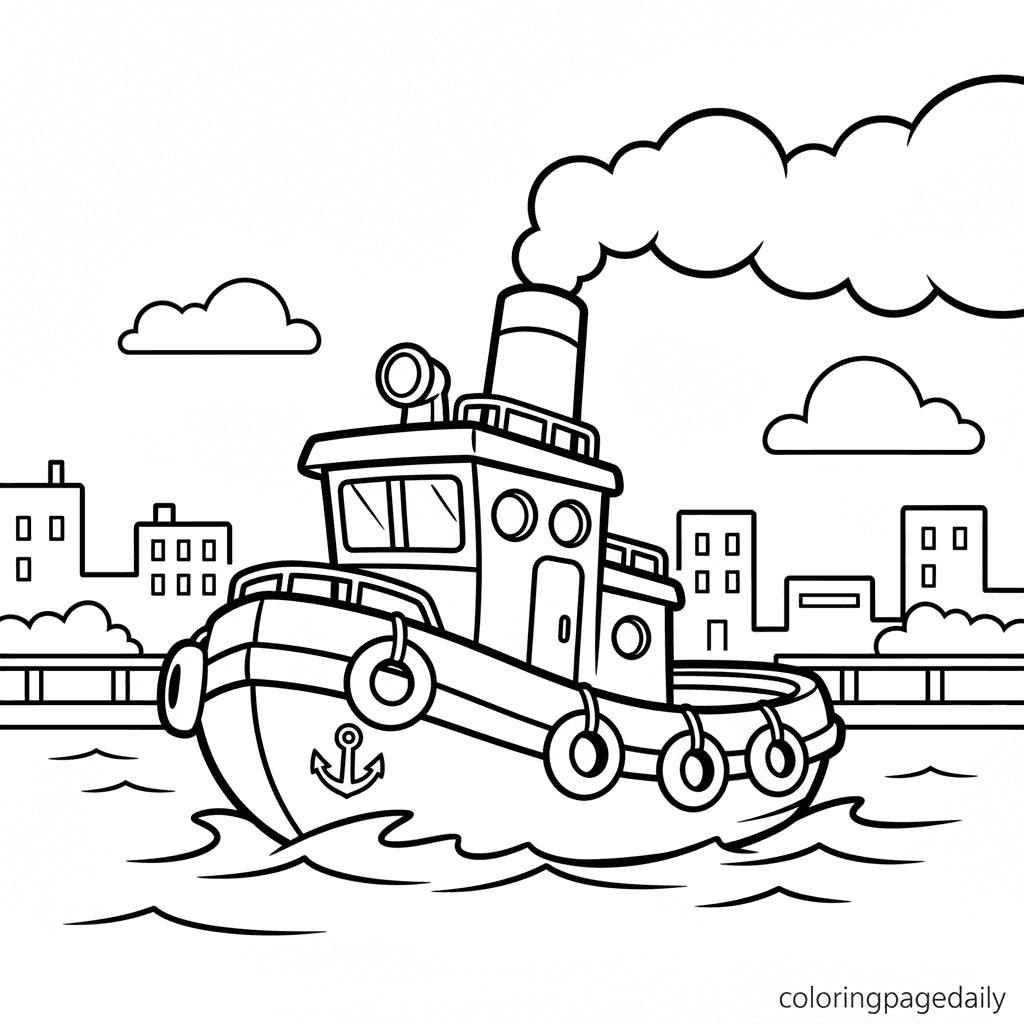 Tugboat in the Harbor - Daily printable coloring page in Kids - Vehicle category