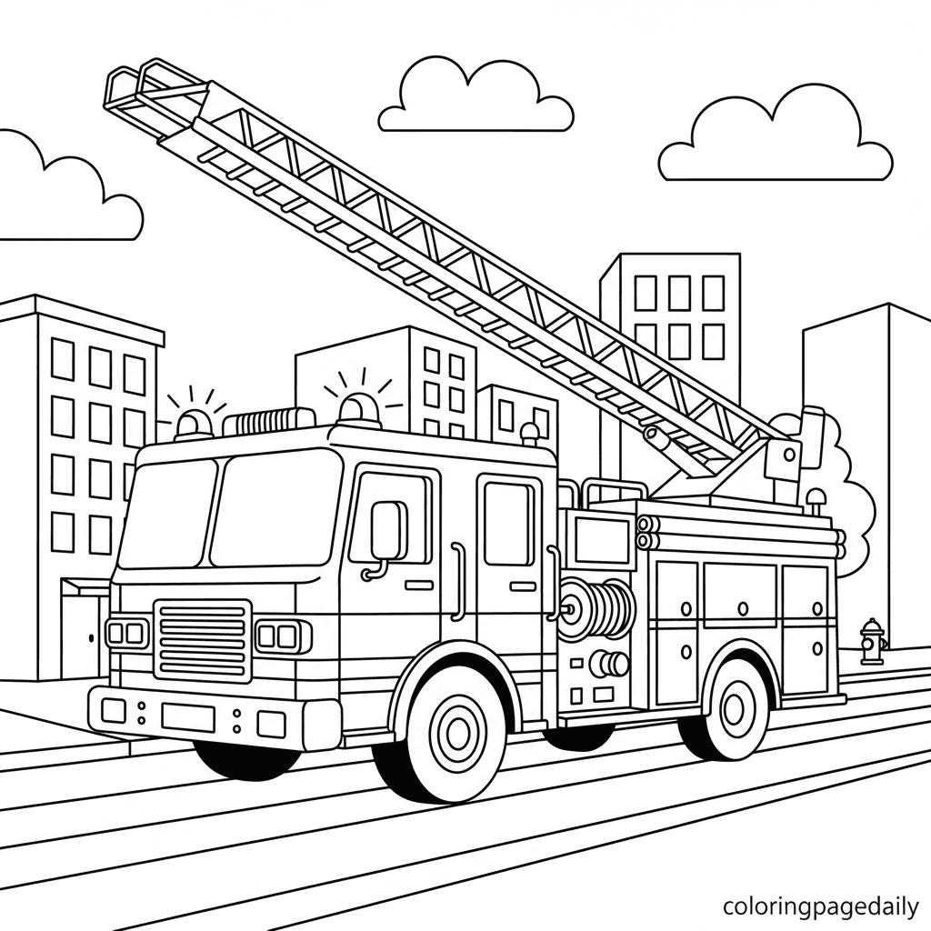 Fire Truck Driving - Daily printable coloring page in Kids - Vehicle category