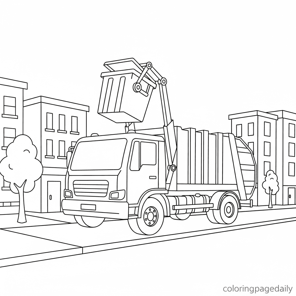 Garbage Truck Loading - Daily printable coloring page in Kids - Vehicle category