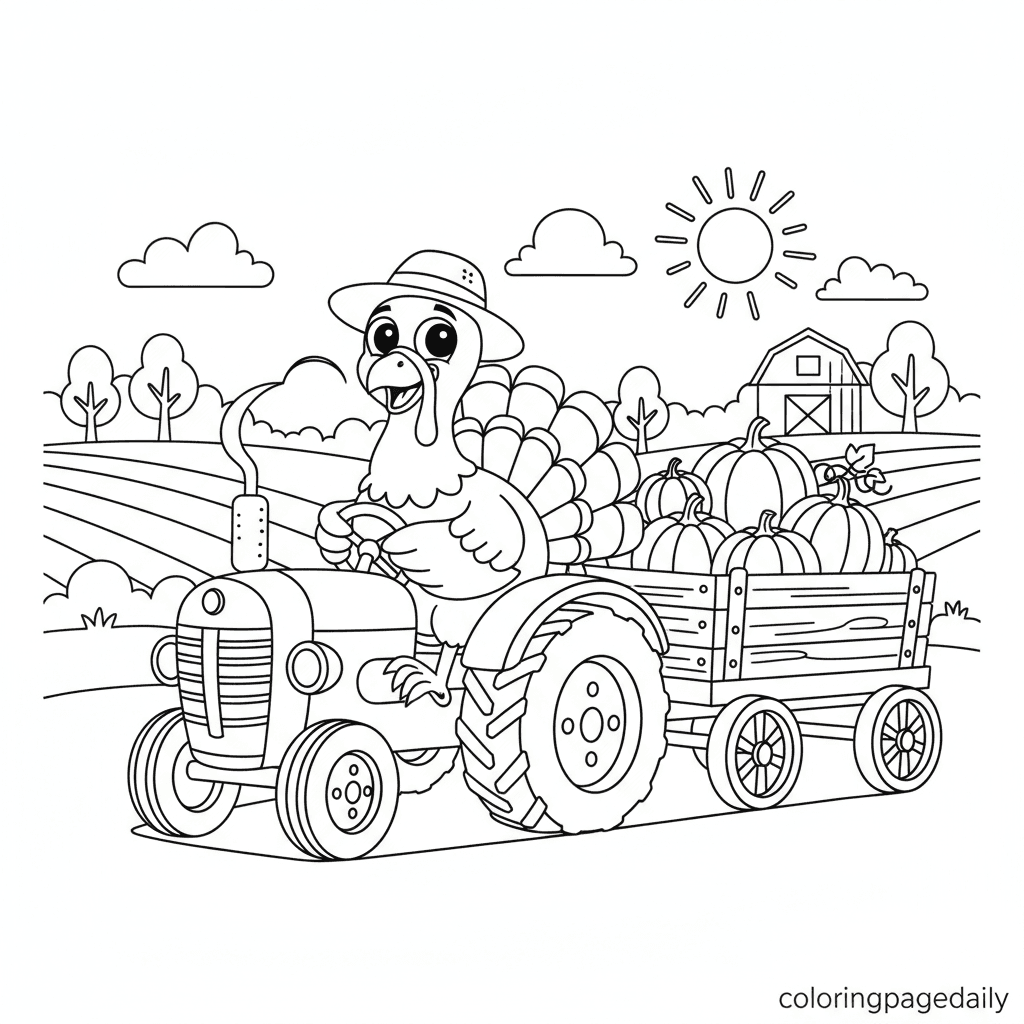 Turkey Driving Tractor - Daily printable coloring page in Kids - Thanksgiving category