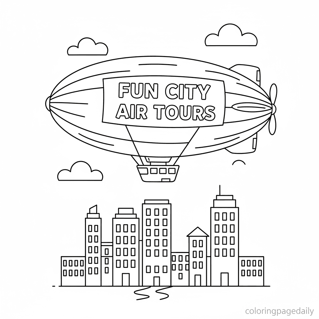 Blimp Floating in Sky - Daily printable coloring page in Kids - Vehicle category