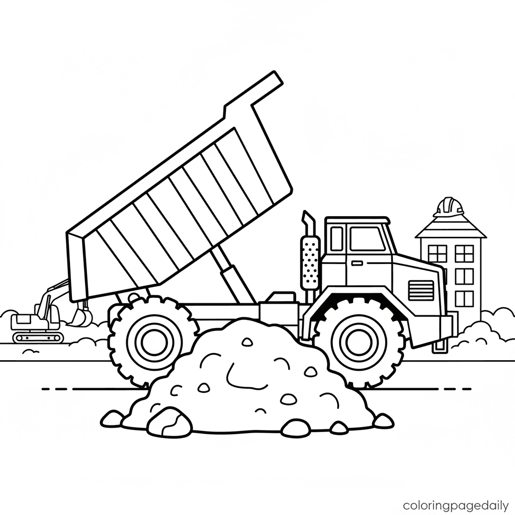 Dump Truck Unloading - Daily printable coloring page in Kids - Vehicle category