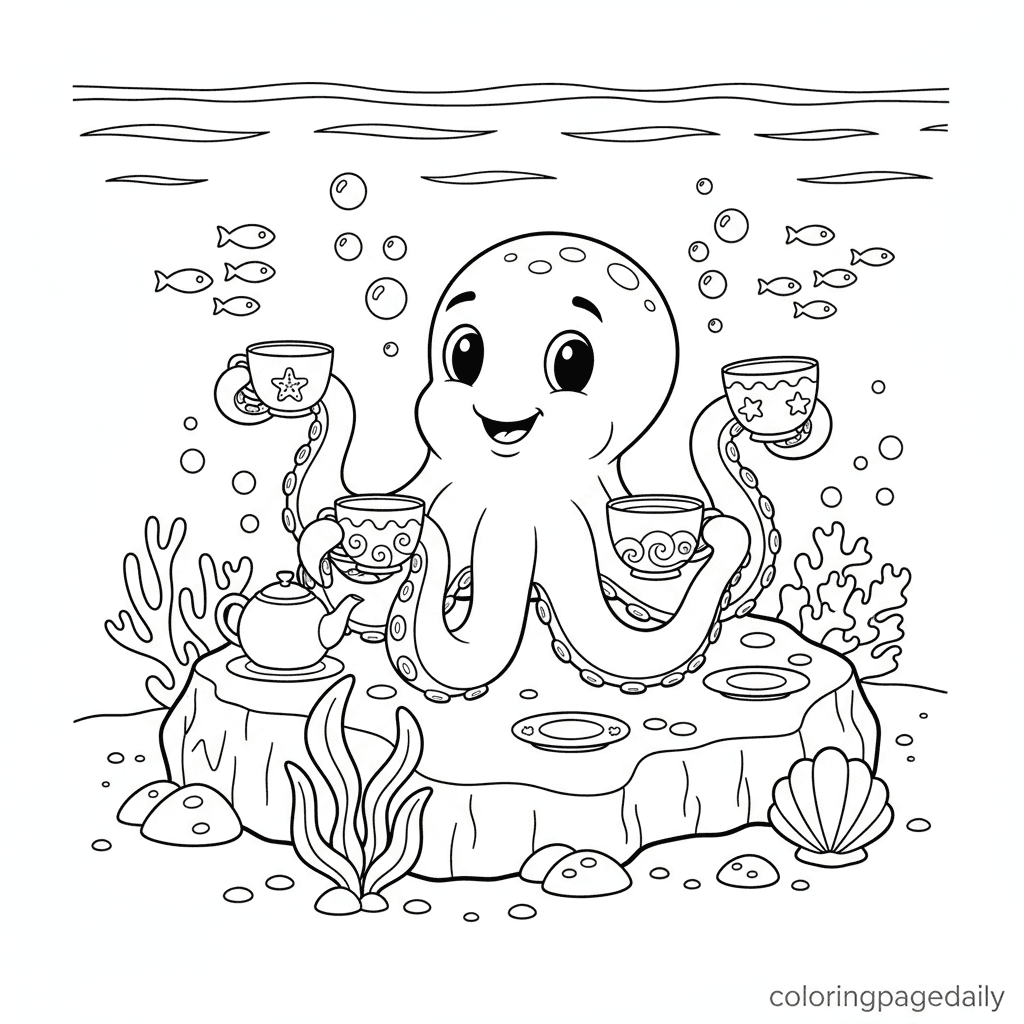 Octopus Underwater Tea Party - Daily printable coloring page in Kids - Ocean and Underwater Life category