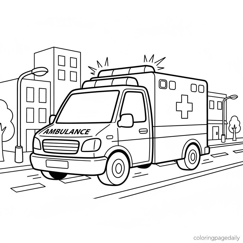Ambulance Rushing City - Daily printable coloring page in Kids - Vehicle category