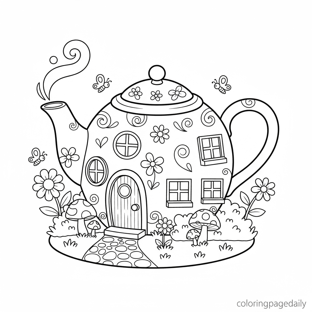 Magical Teapot House - Daily printable coloring page in Kids - Scenery category
