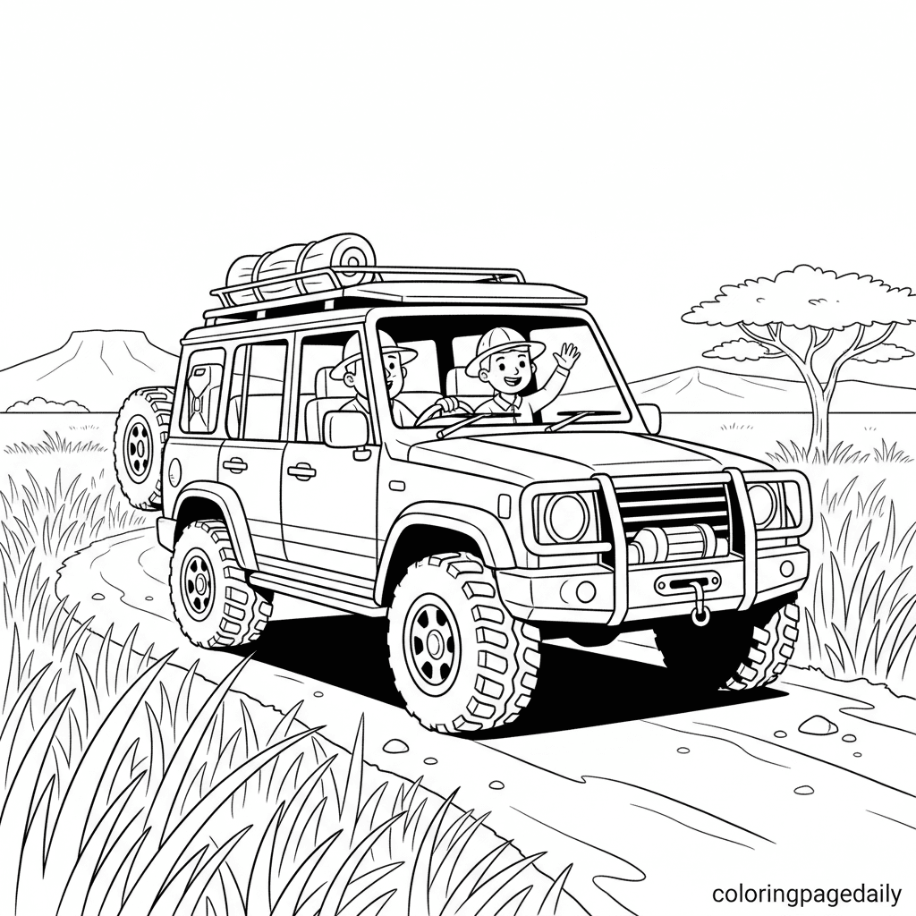 Safari Jeep Adventure - Daily printable coloring page in Kids - Vehicle category