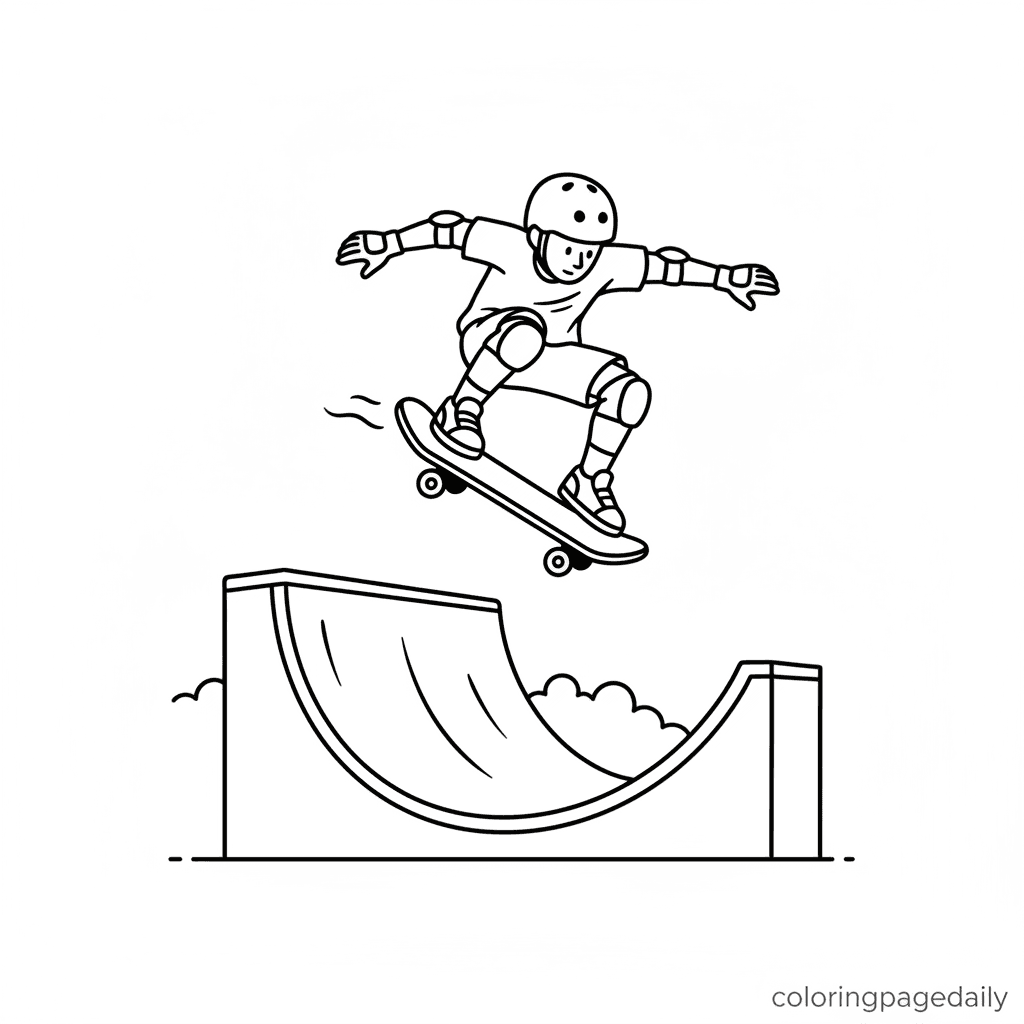 Skateboarder Jumping Ramp - Daily printable coloring page in Kids - Sports category