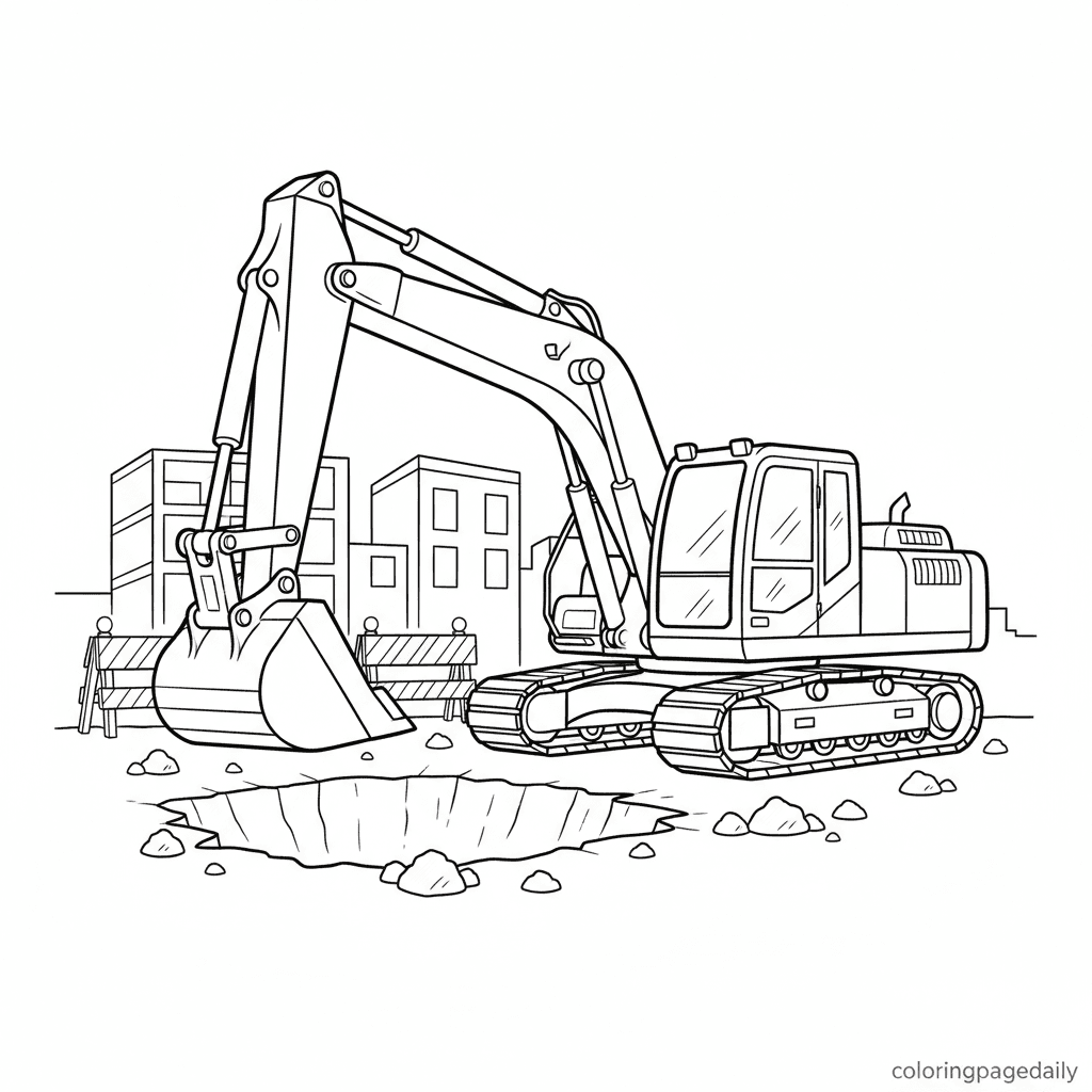 Excavator Digging Dirt - Daily printable coloring page in Kids - Vehicle category