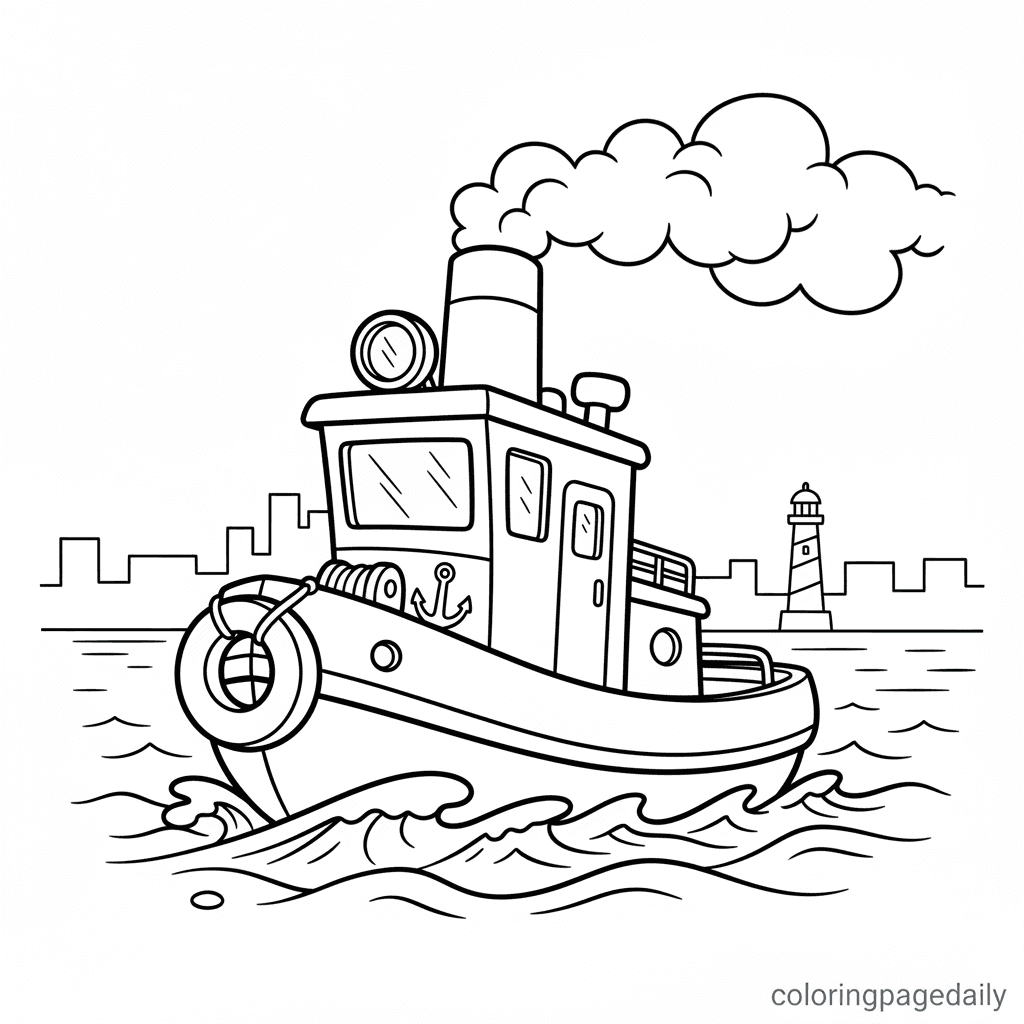 Tugboat in Harbor - Daily printable coloring page in Kids - Vehicle category