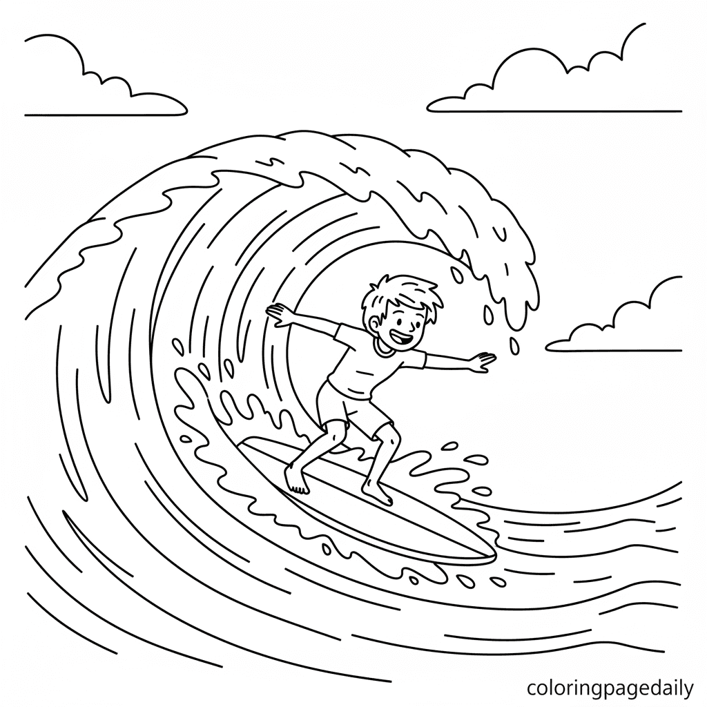 Surfer Riding Wave - Daily printable coloring page in Kids - Sports category