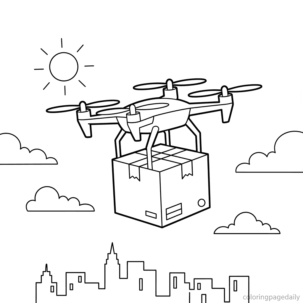 Drone Delivering Package - Daily printable coloring page in Kids - Vehicle category