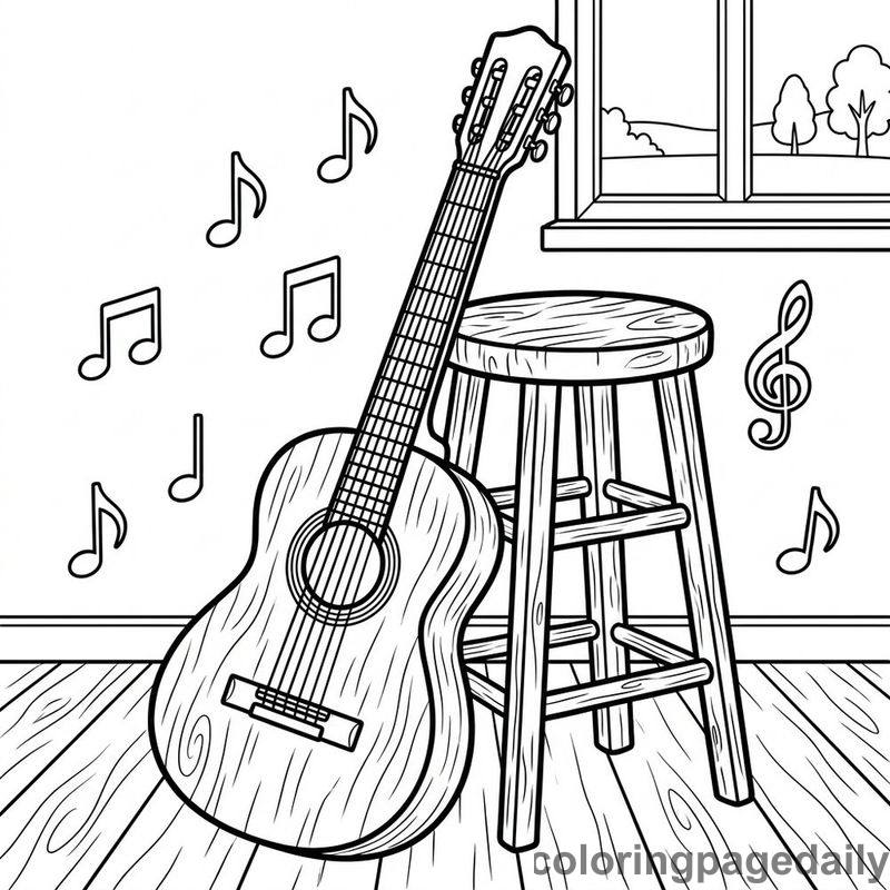 Acoustic Guitar And Stool - Daily printable coloring page in Music and Arts category