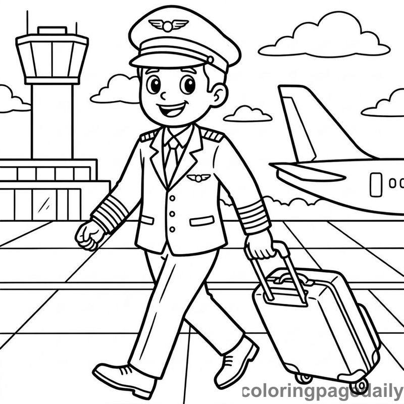 Airline Pilot With Suitcase - Daily printable coloring page in Professions category