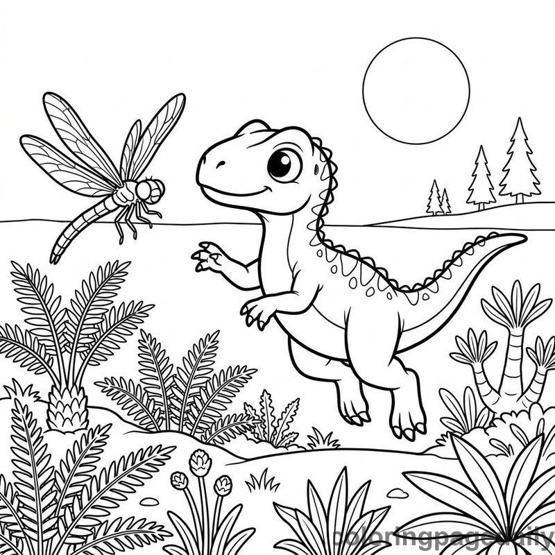 Allosaurus Chasing A Dragonfly - Daily printable coloring page in Dinosaur category