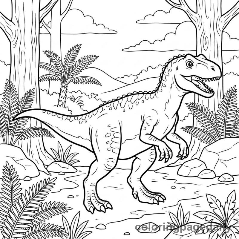Allosaurus Prowling Forest - Daily printable coloring page in Dinosaur category