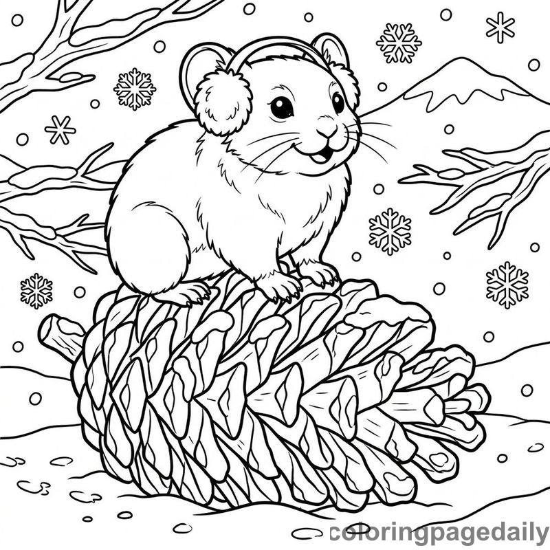 Alpine Pika On Pinecone - Daily printable coloring page in Winter and Snow Season category