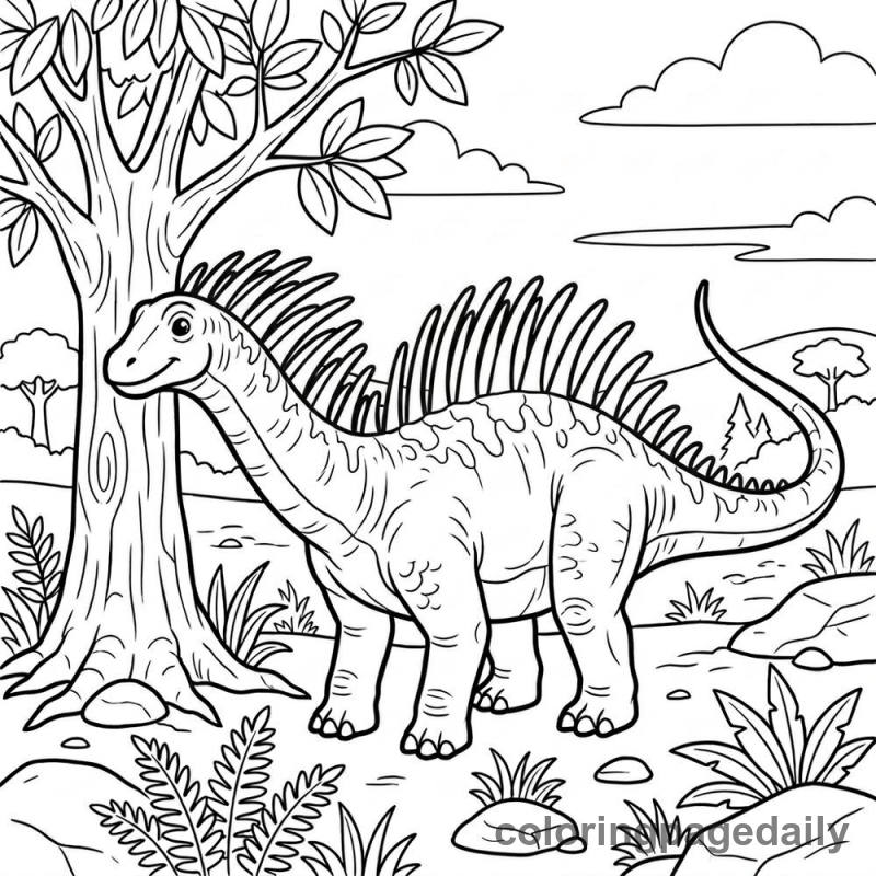 Amargasaurus Near Tree - Daily printable coloring page in Dinosaur category