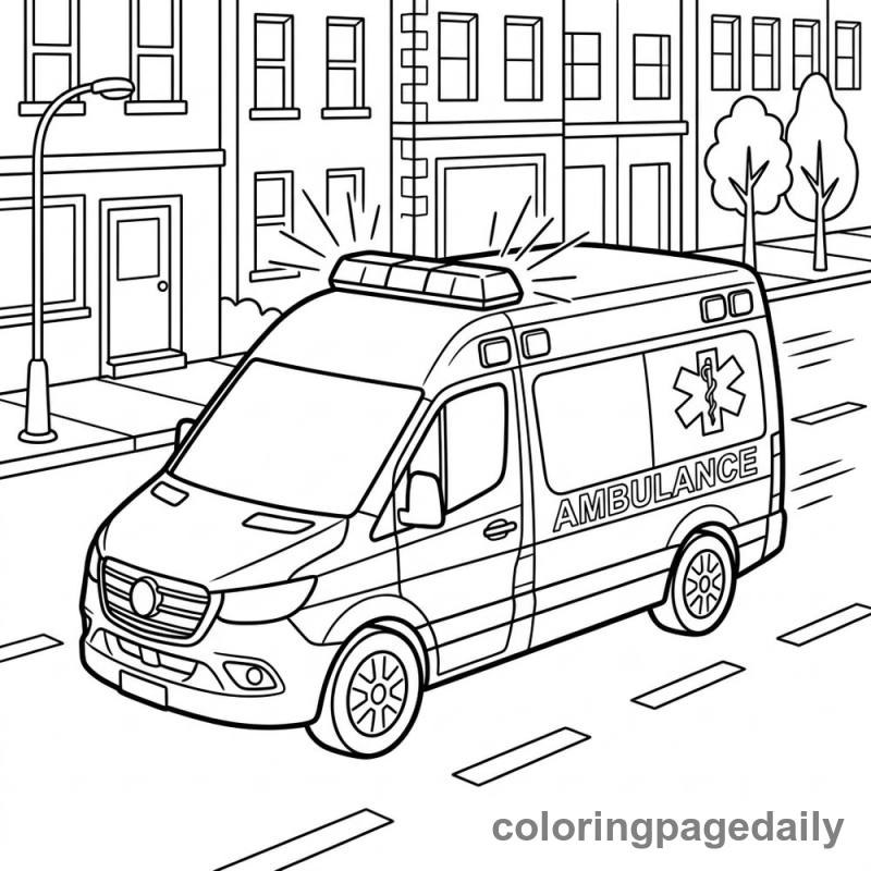 Ambulance Rushing City - Daily printable coloring page in Vehicle category