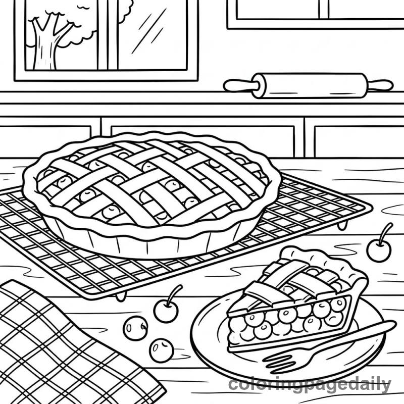 American Cherry Pie Baking - Daily printable coloring page in Food category