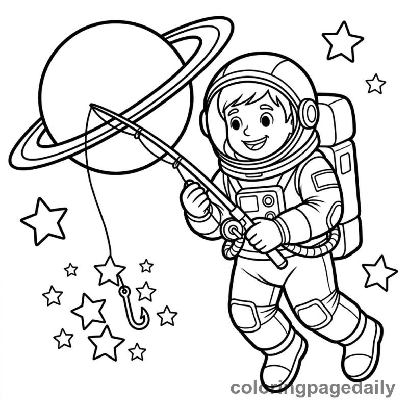 An Astronaut Gone Fishin' - Daily printable coloring page in Space category