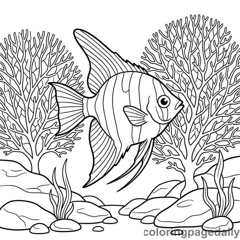 Angelfish Gliding Through Fan Coral - Daily printable coloring page in Ocean and Underwater Life category