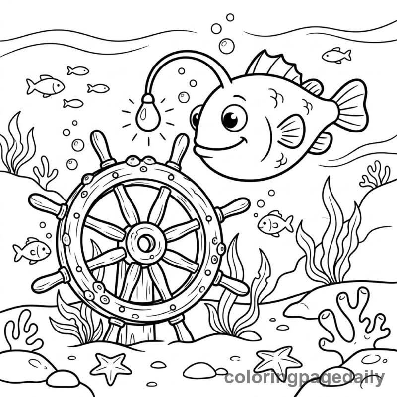 Anglerfish Exploring Sunken Wheel - Daily printable coloring page in Ocean and Underwater Life category