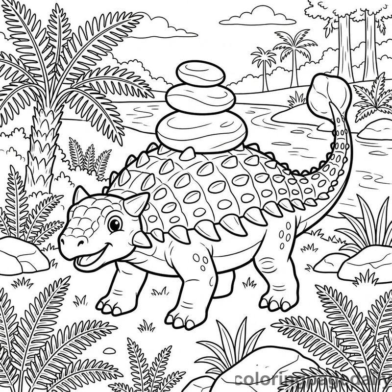 Ankylosaurus Balancing River Stones - Daily printable coloring page in Dinosaur category