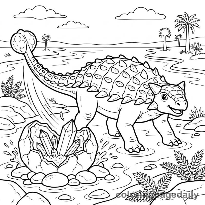 Ankylosaurus Cracking A Geode - Daily printable coloring page in Dinosaur category