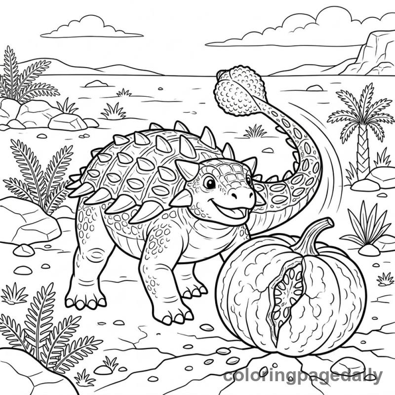 Ankylosaurus Cracking Giant Gourd - Daily printable coloring page in Dinosaur category