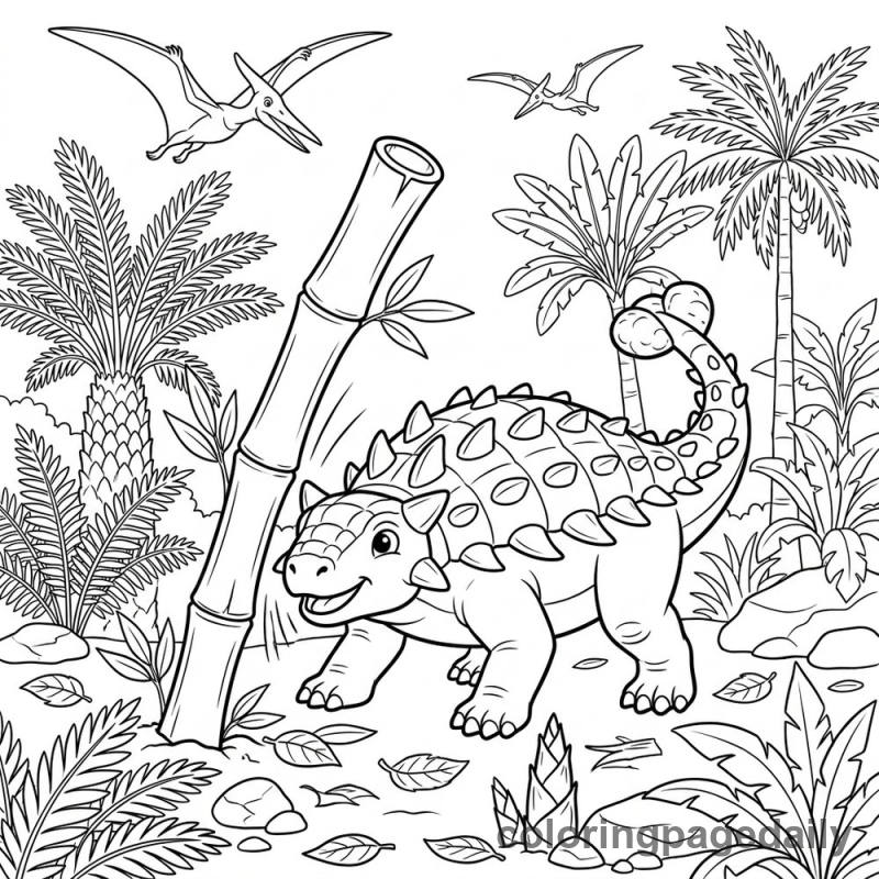 Ankylosaurus Drumming On Bamboo - Daily printable coloring page in Dinosaur category