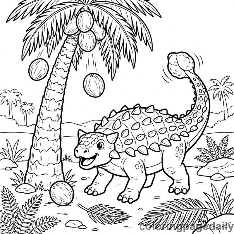 Ankylosaurus Harvesting Palm Coconuts - Daily printable coloring page in Dinosaur category