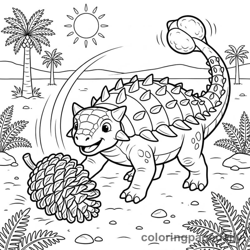 Ankylosaurus Hitting Pinecone - Daily printable coloring page in Dinosaur category