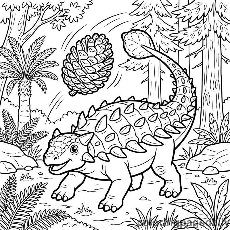 Ankylosaurus Hitting Pinecone - Daily printable coloring page in Dinosaur category