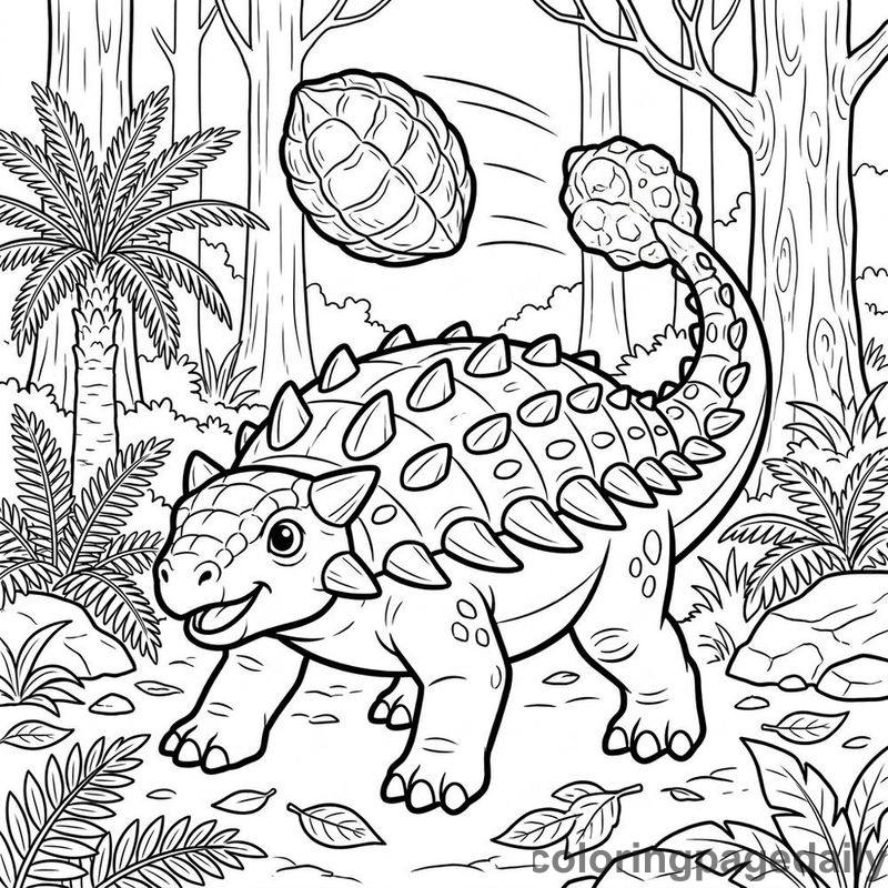 Ankylosaurus Hitting Seed Pod - Daily printable coloring page in Dinosaur category