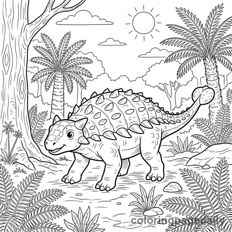 Ankylosaurus in Forest - Daily printable coloring page in Dinosaur category