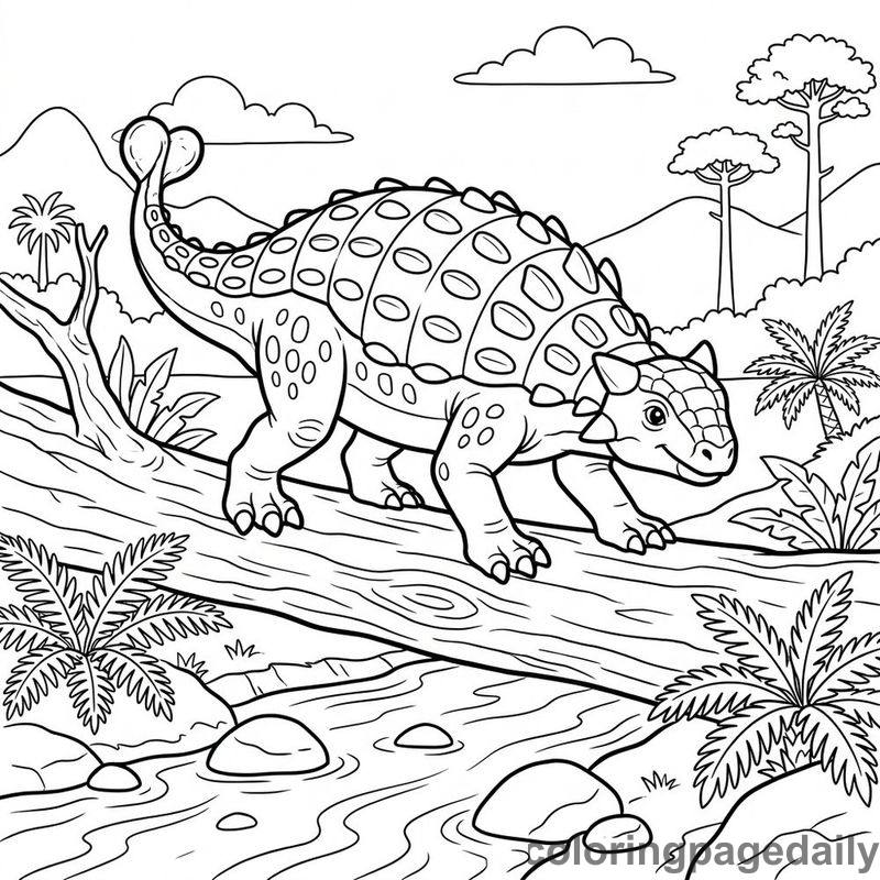 Ankylosaurus On Log Bridge - Daily printable coloring page in Dinosaur category