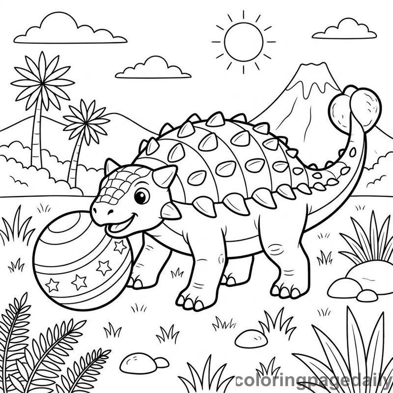 Ankylosaurus Playing Ball - Daily printable coloring page in Dinosaur category