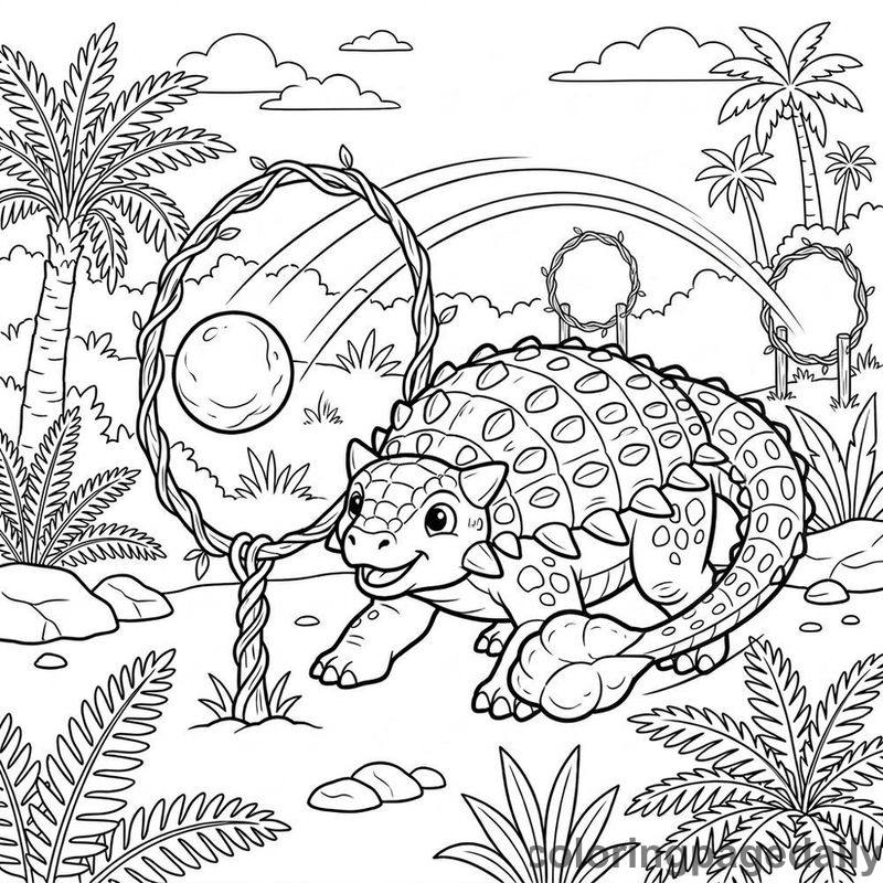 Ankylosaurus Playing Jungle Croquet - Daily printable coloring page in Dinosaur category