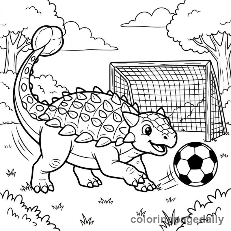 Ankylosaurus Playing Soccer - Daily printable coloring page in Dinosaur category