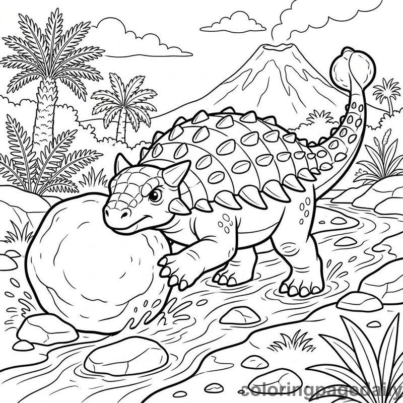 Ankylosaurus Rolling A Boulder - Daily printable coloring page in Dinosaur category