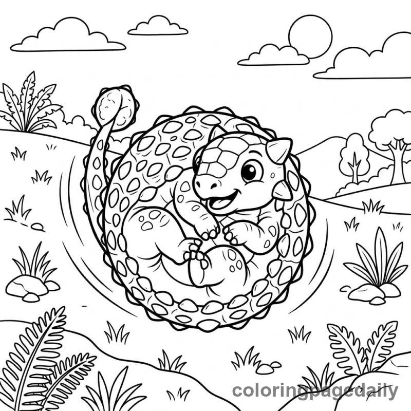 Ankylosaurus Rolls Down a Hill - Daily printable coloring page in Dinosaur category