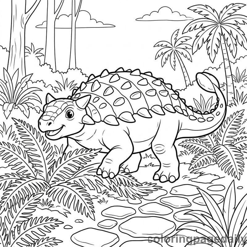 Ankylosaurus Sweeping Fern Leaves - Daily printable coloring page in Dinosaur category