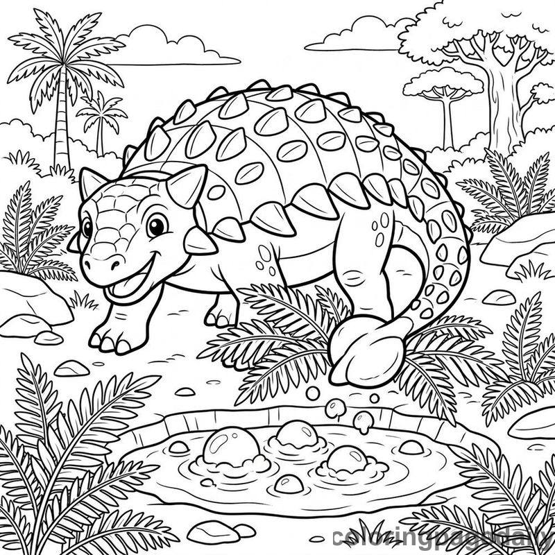 Ankylosaurus Uncovering Mud Spring - Daily printable coloring page in Dinosaur category