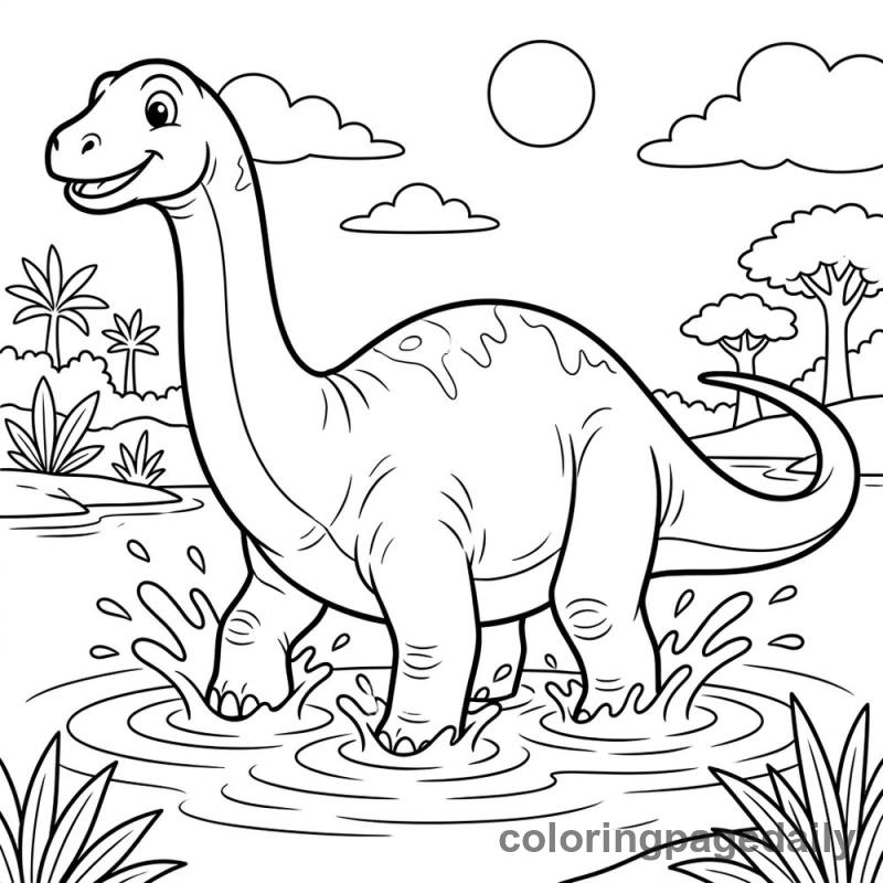 Apatosaurus Wading in Lake - Daily printable coloring page in Dinosaur category
