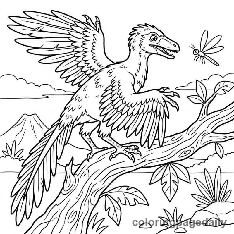 Archaeopteryx on Branch - Daily printable coloring page in Dinosaur category