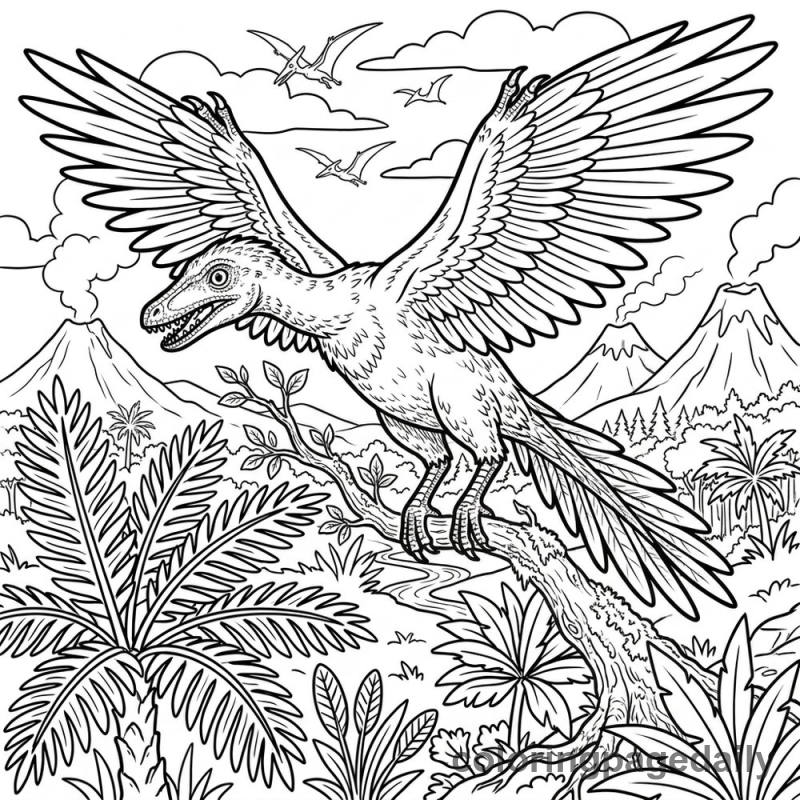 Archaeopteryx on Tree Branch - Daily printable coloring page in Dinosaur category