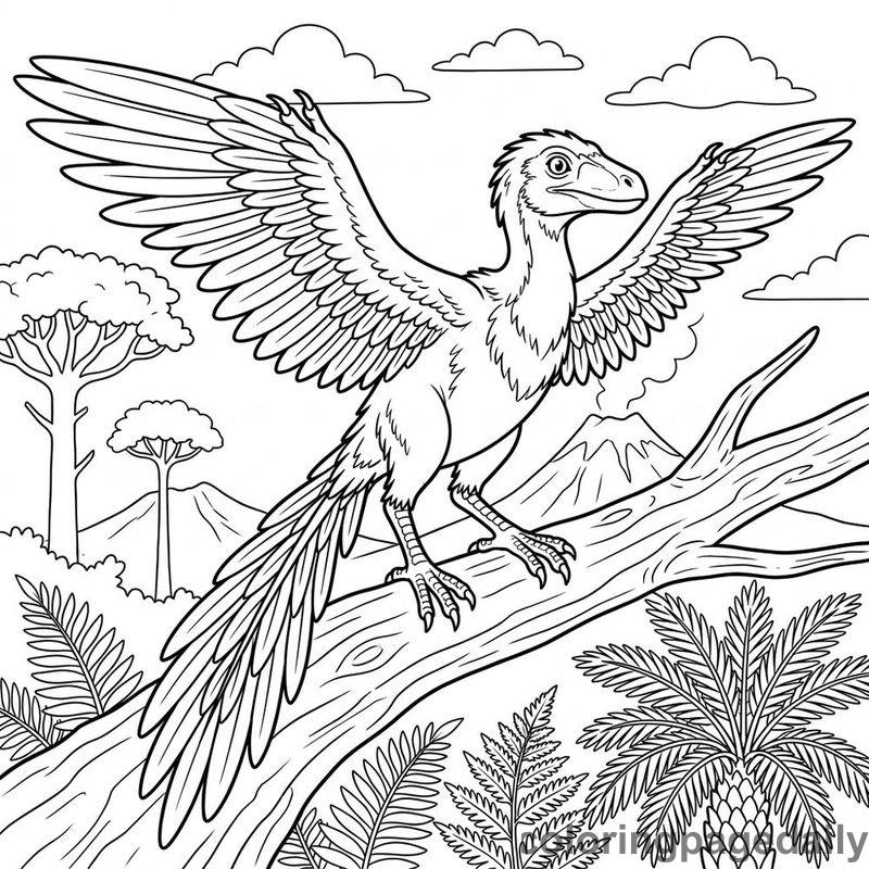 Archaeopteryx Perched On Branch - Daily printable coloring page in Dinosaur category