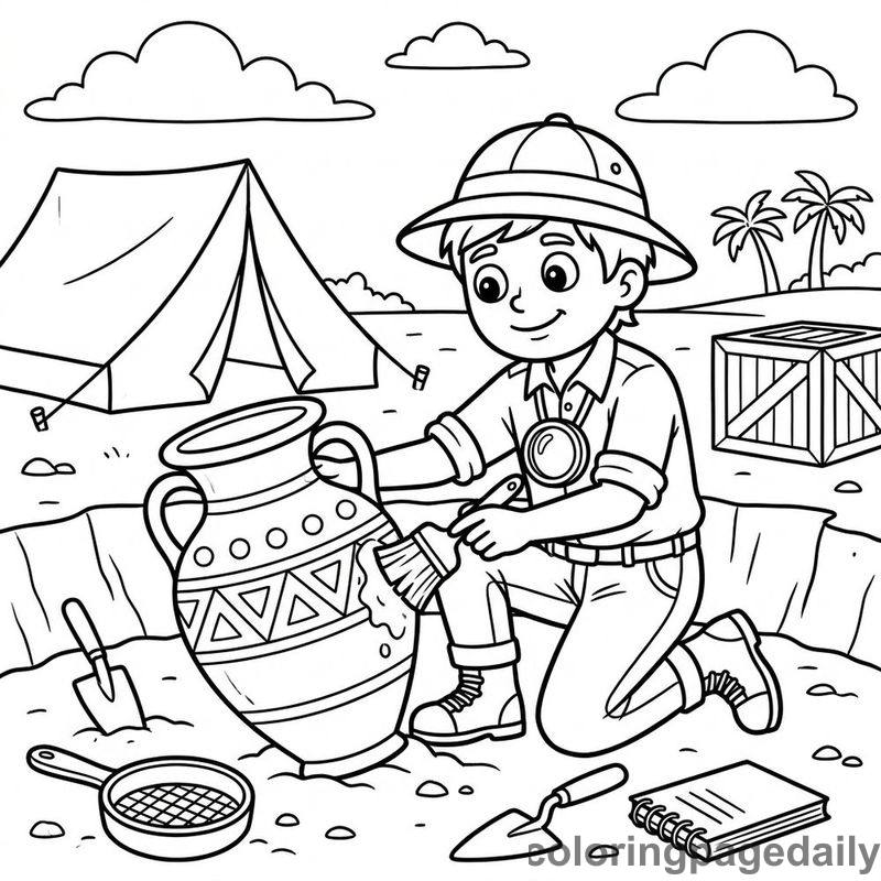 Archeologist Cleaning Ancient Vase - Daily printable coloring page in Professions category