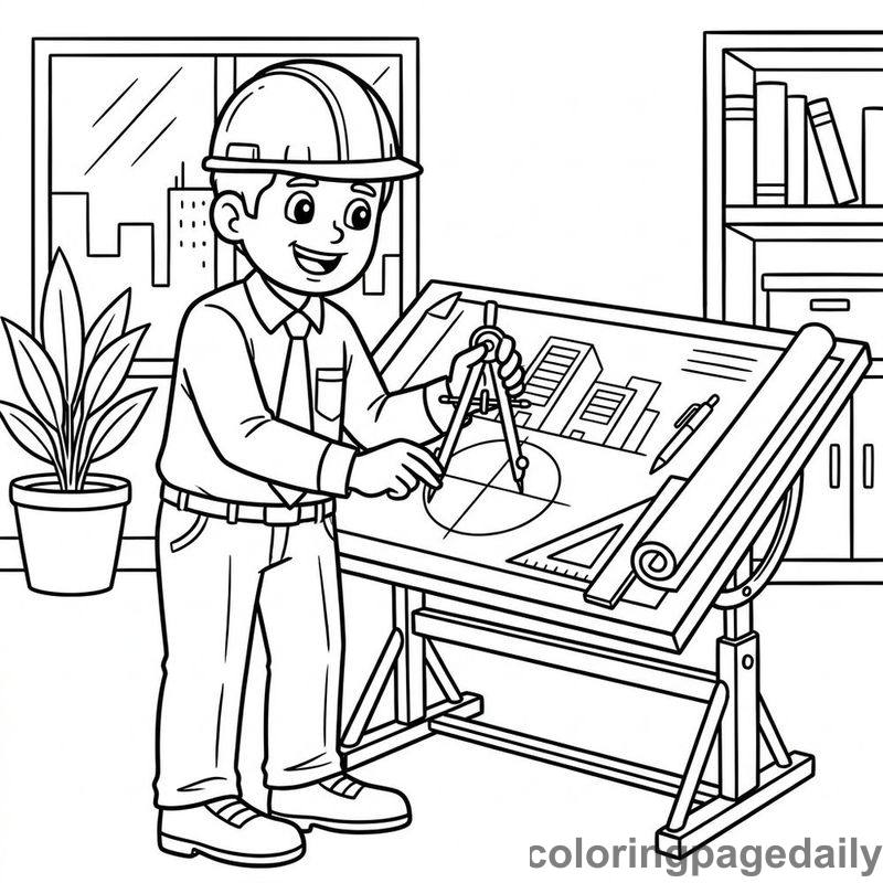 Architect Drawing With Compass - Daily printable coloring page in Professions category
