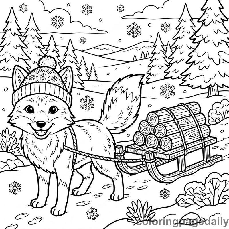 Arctic Fox Pulling Firewood Sled - Daily printable coloring page in Winter and Snow Season category